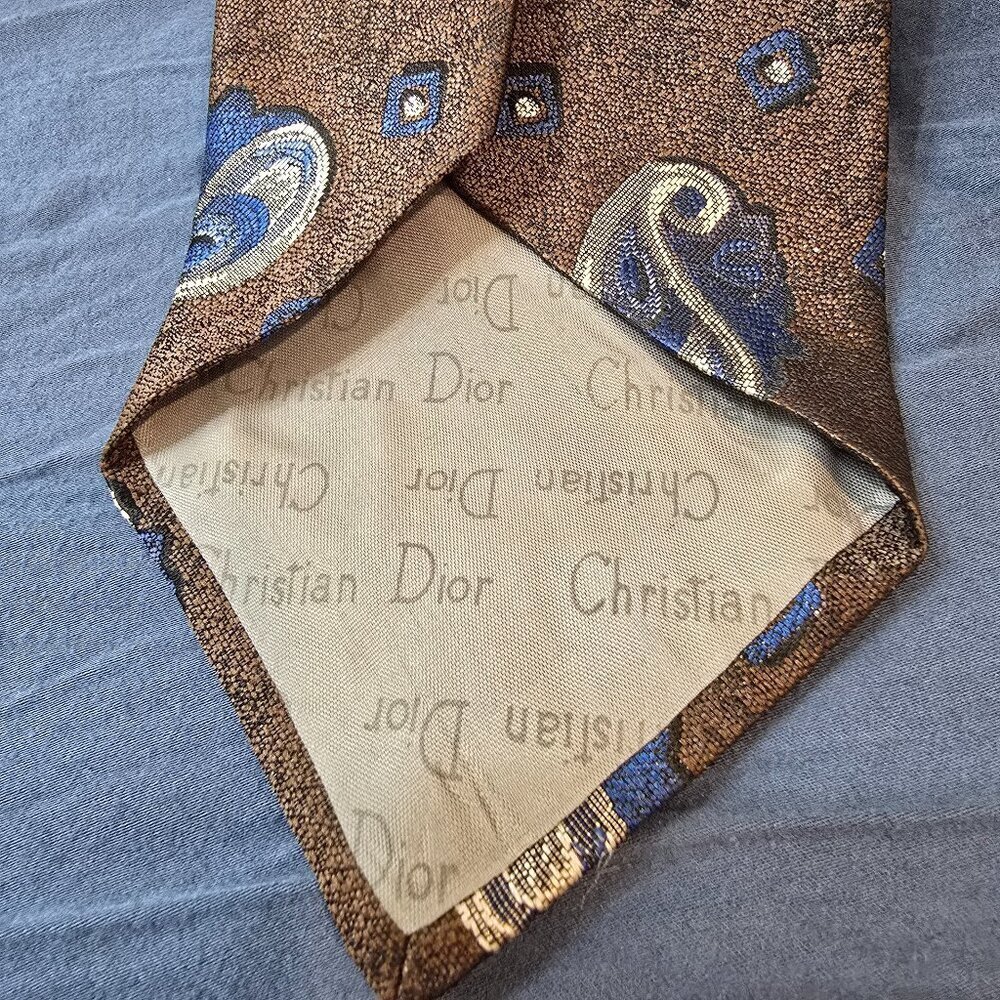 Vintage Christian Dior Monsieur Tie - Brown, Navy, and Silver Paisley Peacock - Picture 4 of 5